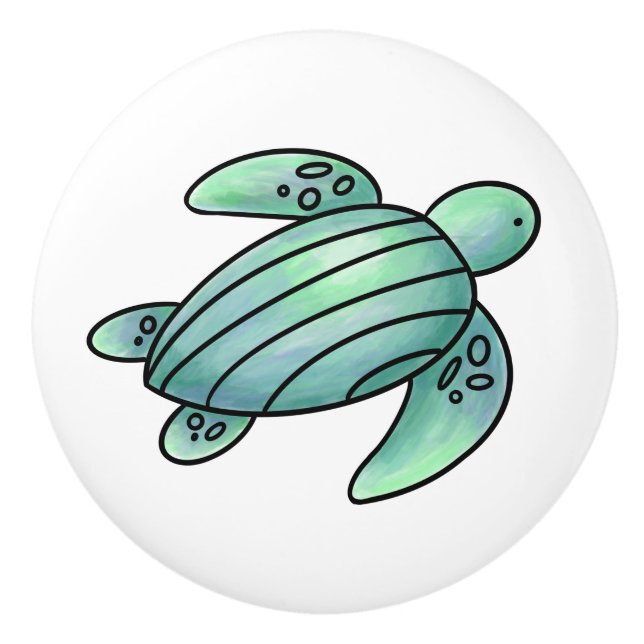 watercolor painted sea turtle cartoon blue green  ceramic knob (Front)