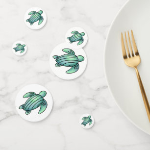 watercolor painted sea turtle cartoon blue green confetti