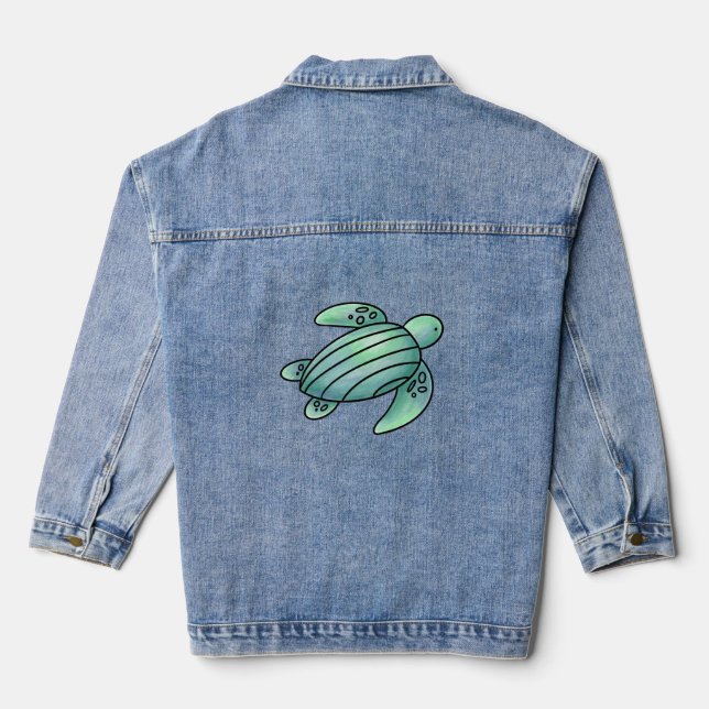 watercolor painted sea turtle cartoon blue green  denim jacket (Back)