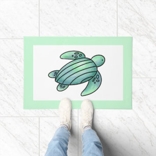 watercolor painted sea turtle cartoon blue green  doormat