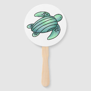 watercolor painted sea turtle cartoon blue green hand fan