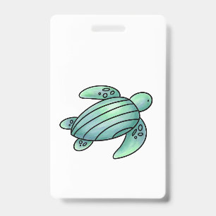 watercolor painted sea turtle cartoon blue green  ID badge