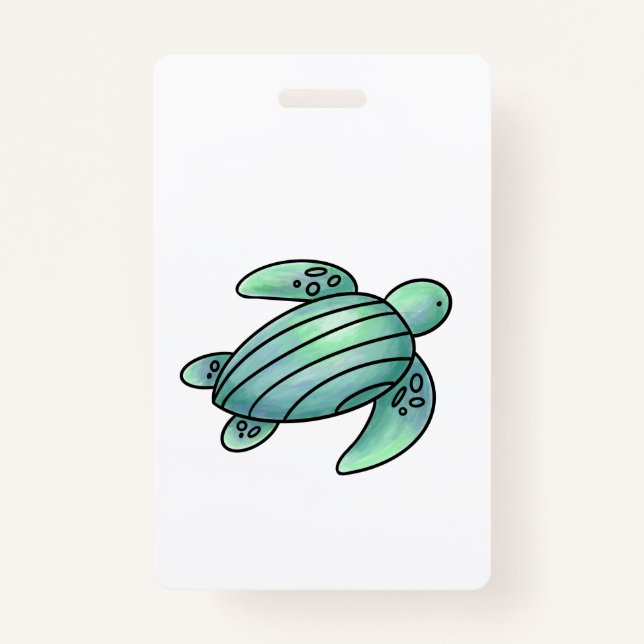 watercolor painted sea turtle cartoon blue green  ID badge (Front)
