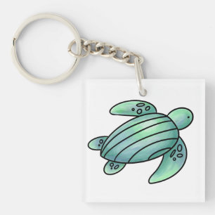 watercolor painted sea turtle cartoon blue green  key ring