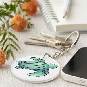 watercolor painted sea turtle cartoon blue green  key ring