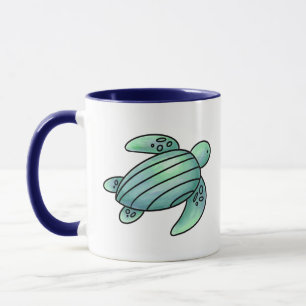 watercolor painted sea turtle cartoon blue green  mug