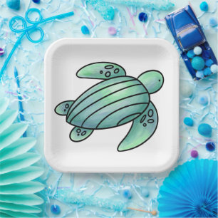 watercolor painted sea turtle cartoon blue green  paper plate