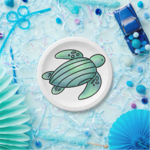 watercolor painted sea turtle cartoon blue green  paper plate