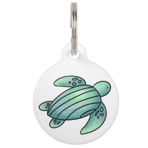 watercolor painted sea turtle cartoon blue green  pet tag