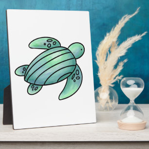 watercolor painted sea turtle cartoon blue green plaque