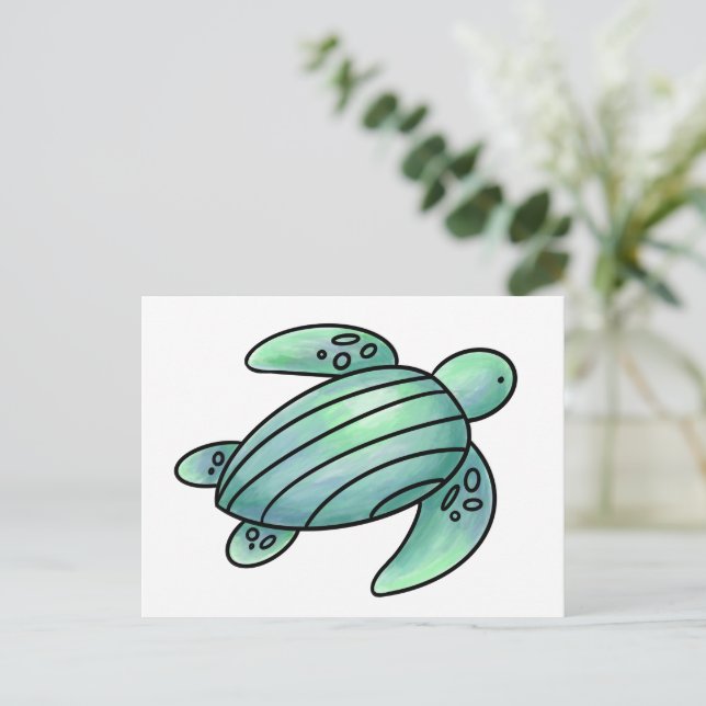 watercolor painted sea turtle cartoon blue green  postcard (Standing Front)