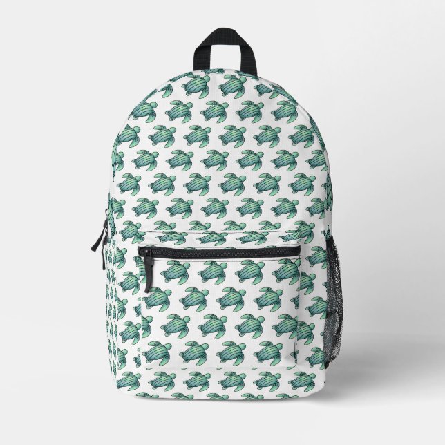 watercolor painted sea turtle cartoon blue green  printed backpack (Front)