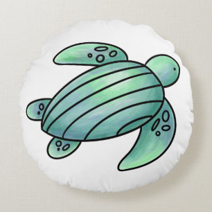 watercolor painted sea turtle cartoon blue green  round cushion