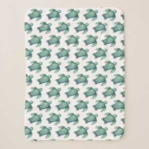 watercolor painted sea turtle cartoon blue green sherpa blanket