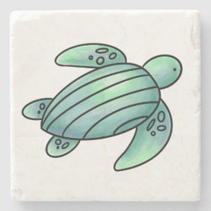watercolor painted sea turtle cartoon blue green stone coaster