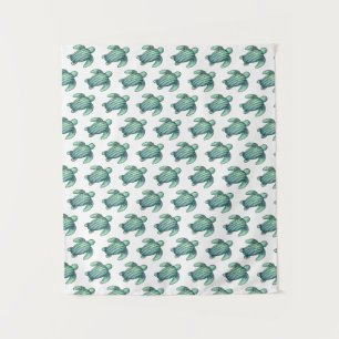 watercolor painted sea turtle cartoon blue green  tapestry