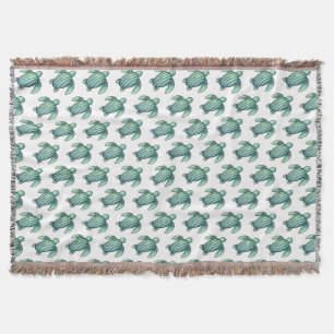 watercolor painted sea turtle cartoon blue green  throw blanket