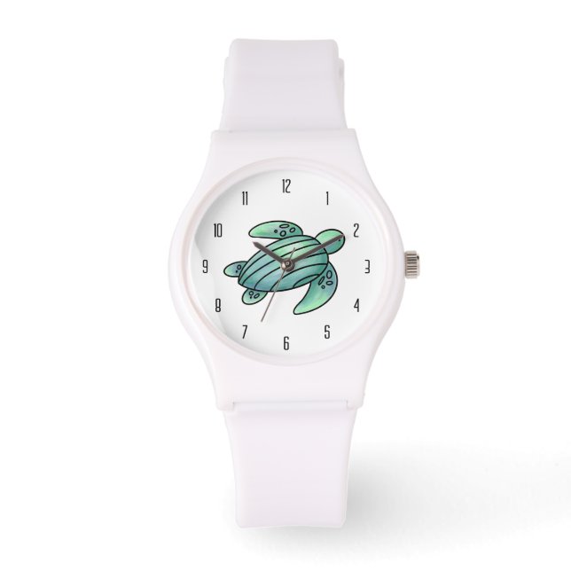 watercolor painted sea turtle cartoon blue green  watch (Front)