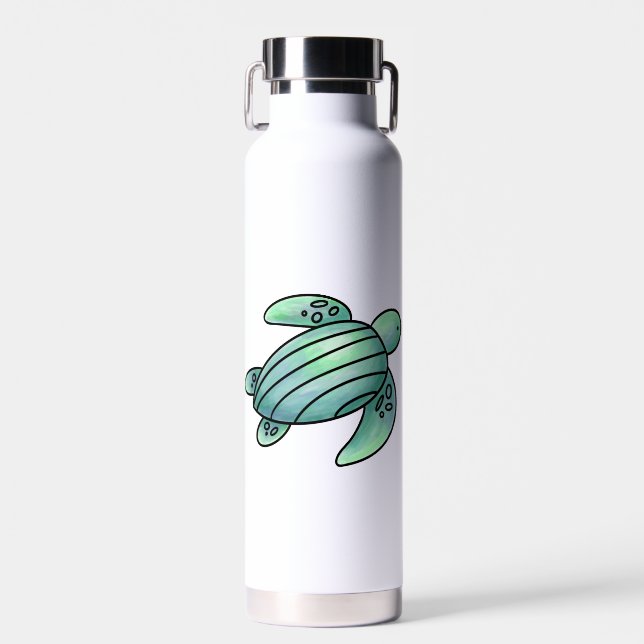 watercolor painted sea turtle cartoon blue green  water bottle (Front)