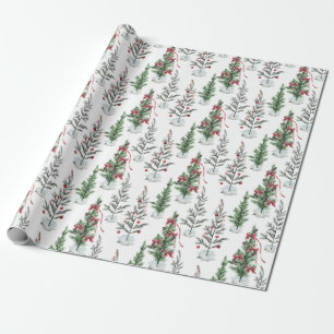 Watercolor-Painted Sparse Holiday Christmas Trees Wrapping Paper