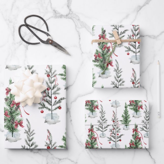Watercolor-Painted Sparse Holiday Christmas Trees Wrapping Paper Sheet (Front)