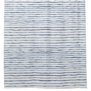 Watercolor Painted Stripe Blue White Beach Decor Shower Curtain