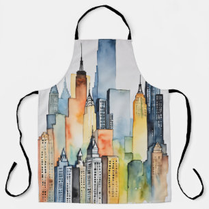 Watercolor Painted Urban Cityscape Skyscapers Apron