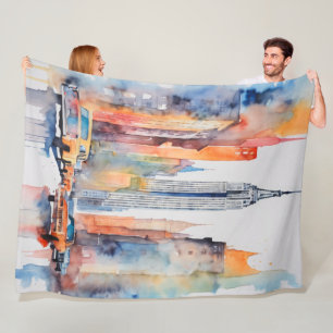 Watercolor Painted Urban Cityscape Skyscapers Fleece Blanket