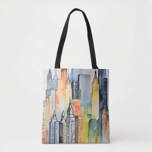 Watercolor Painted Urban Cityscape Skyscapers Tote Bag (Front)