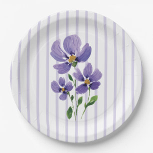 watercolor painted violets with stripes paper plate