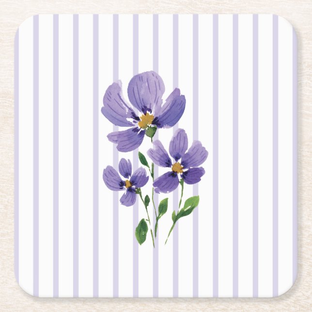 watercolor painted violets with stripes square paper coaster (Front)