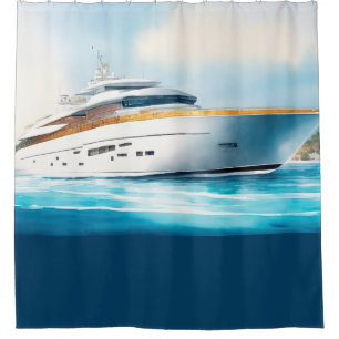 Watercolor Painted Yacht on the Blue Water Shower Curtain