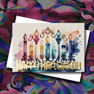 Watercolor Painting Abstract Hanukkah Menorah Foil Holiday Card