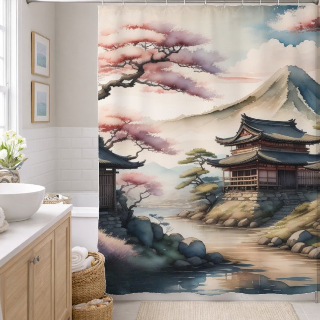 Watercolor Painting Ancient Japanese Village Shower Curtain (Creator Uploaded)