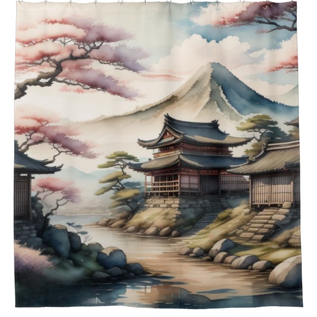 Watercolor Painting Ancient Japanese Village Shower Curtain (Front)