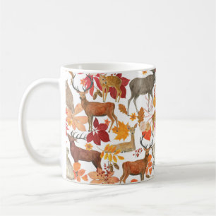 Watercolor painting autumn forest background with coffee mug