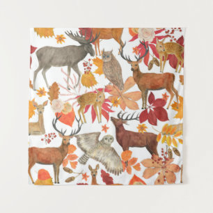 Watercolor painting autumn forest background with  tapestry
