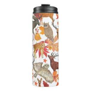 Watercolor painting autumn forest background with thermal tumbler