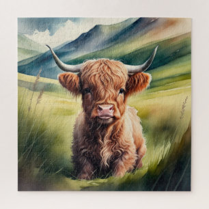 Watercolor Painting Baby Highland Cow Sitting Jigsaw Puzzle