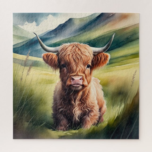 Watercolor Painting Baby Highland Cow Sitting Jigsaw Puzzle (Vertical)