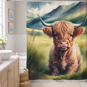 Watercolor Painting Baby Highland Cow Sitting Shower Curtain