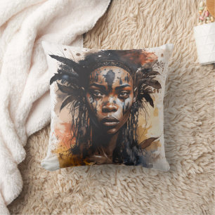 Watercolor Painting, Beautiful African Tribe Women Cushion