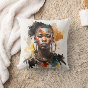 Watercolor Painting, Beautiful African Tribe Women Cushion