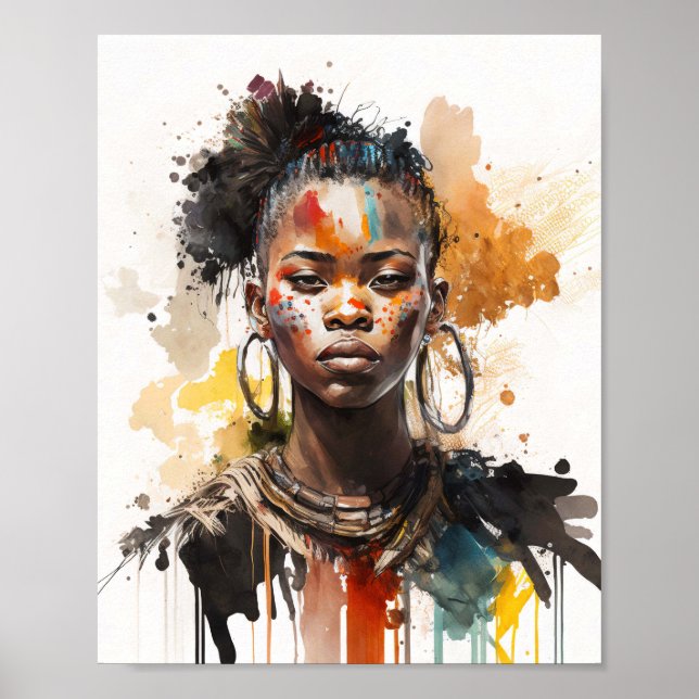 Watercolor Painting, Beautiful African Tribe Women Poster (Front)
