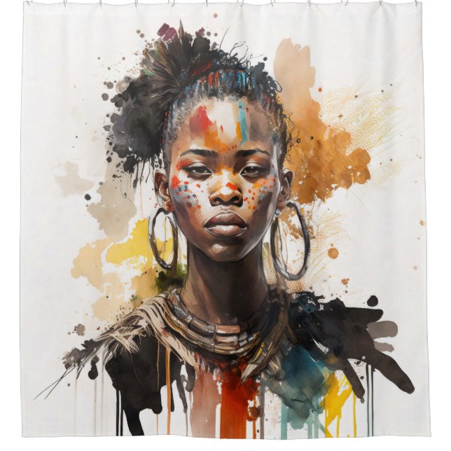 Watercolor Painting, Beautiful African Tribe Women Shower Curtain (Front)