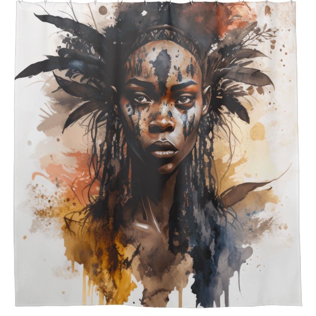 Watercolor Painting, Beautiful African Tribe Women Shower Curtain (Front)
