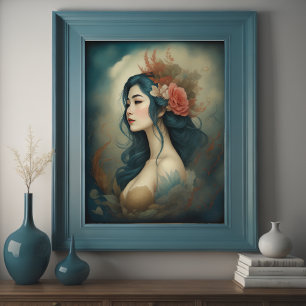 Watercolor Painting Beautiful Asian Woman Flowers Poster