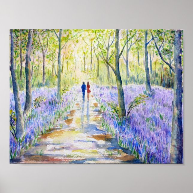Watercolor Painting Bluebell wood Walk Poster (Front)