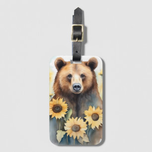 Watercolor Painting Brown Bear And Sunflowers Luggage Tag