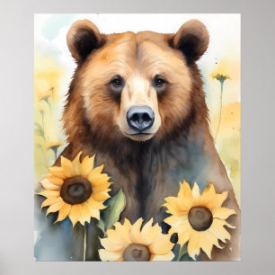 Watercolor Painting Brown Bear And Sunflowers Poster